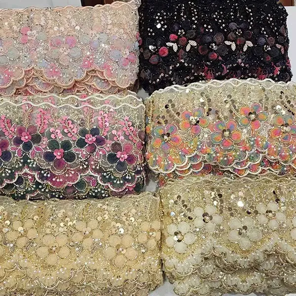 3डी मेष फूल रिबन मनके ट्यूब बारकोड कढ़ाई फीता के साथ बहुरंगा कढ़ाई फीता