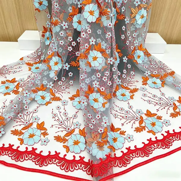पोशाकों के लिए विंटेज बहु-रंग कढ़ाई जाल फीता कपड़ा